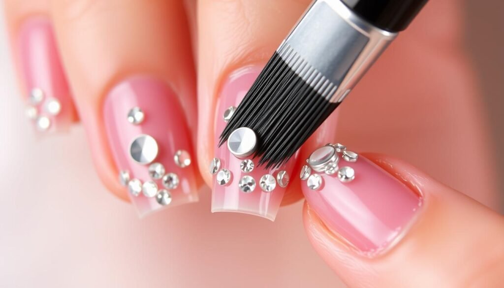 Sealing bling acrylic nails with top coat to ensure durability