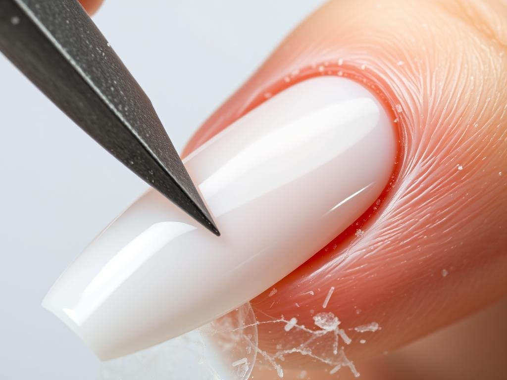 Shaping and filing white acrylic nails