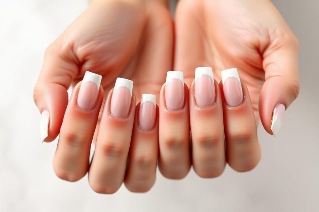 Short French tip acrylic nails in classic white with different nail shapes