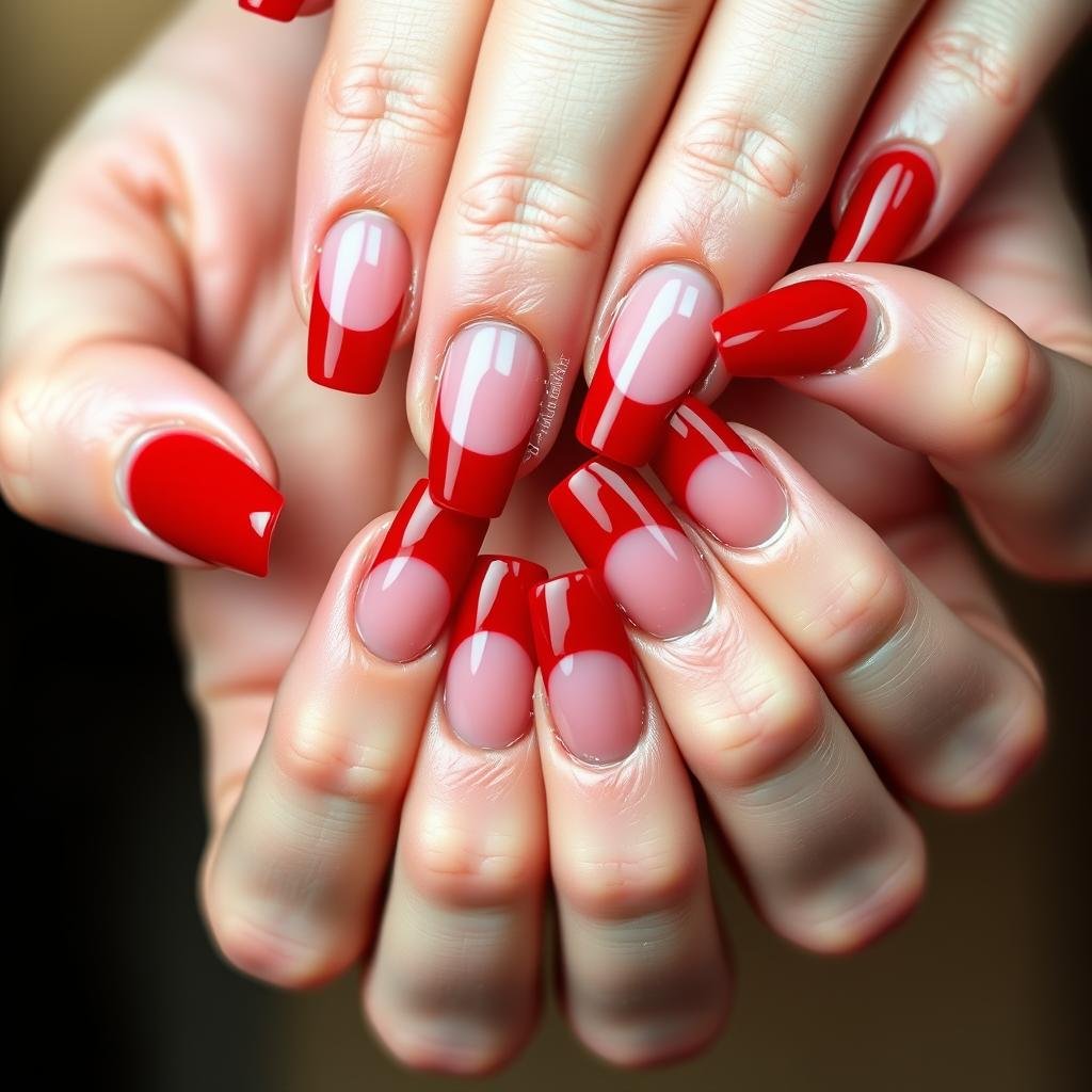 Short French tip acrylic nails with bold red tips for a dramatic look