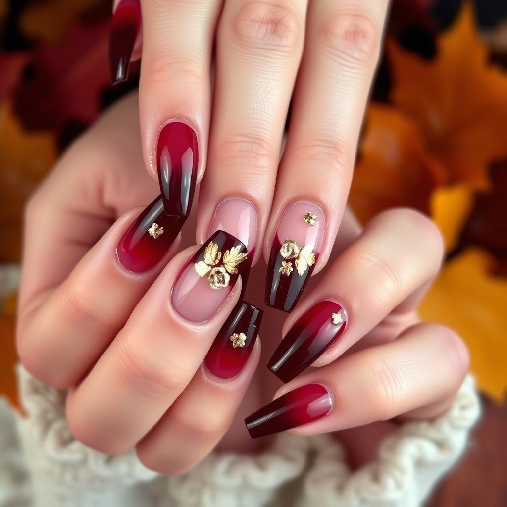 Short French tip acrylic nails with burgundy and gold tips for fall