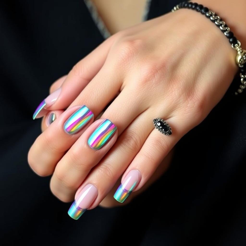 Short French tip acrylic nails with chrome effect tips for modern look