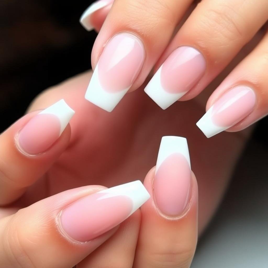 Short French tip acrylic nails with diagonal tips for asymmetrical style