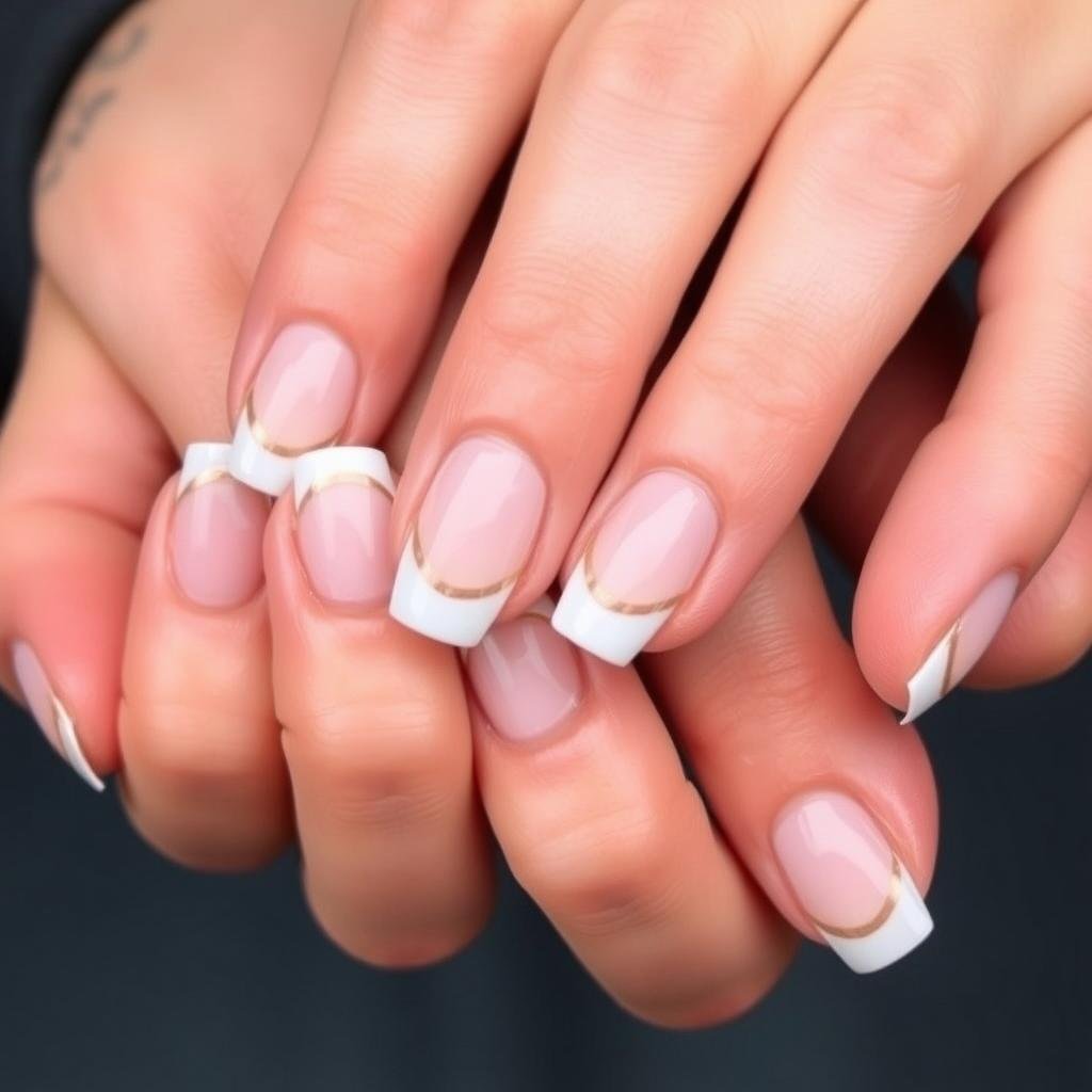 Short French tip acrylic nails with double line tips for modern look