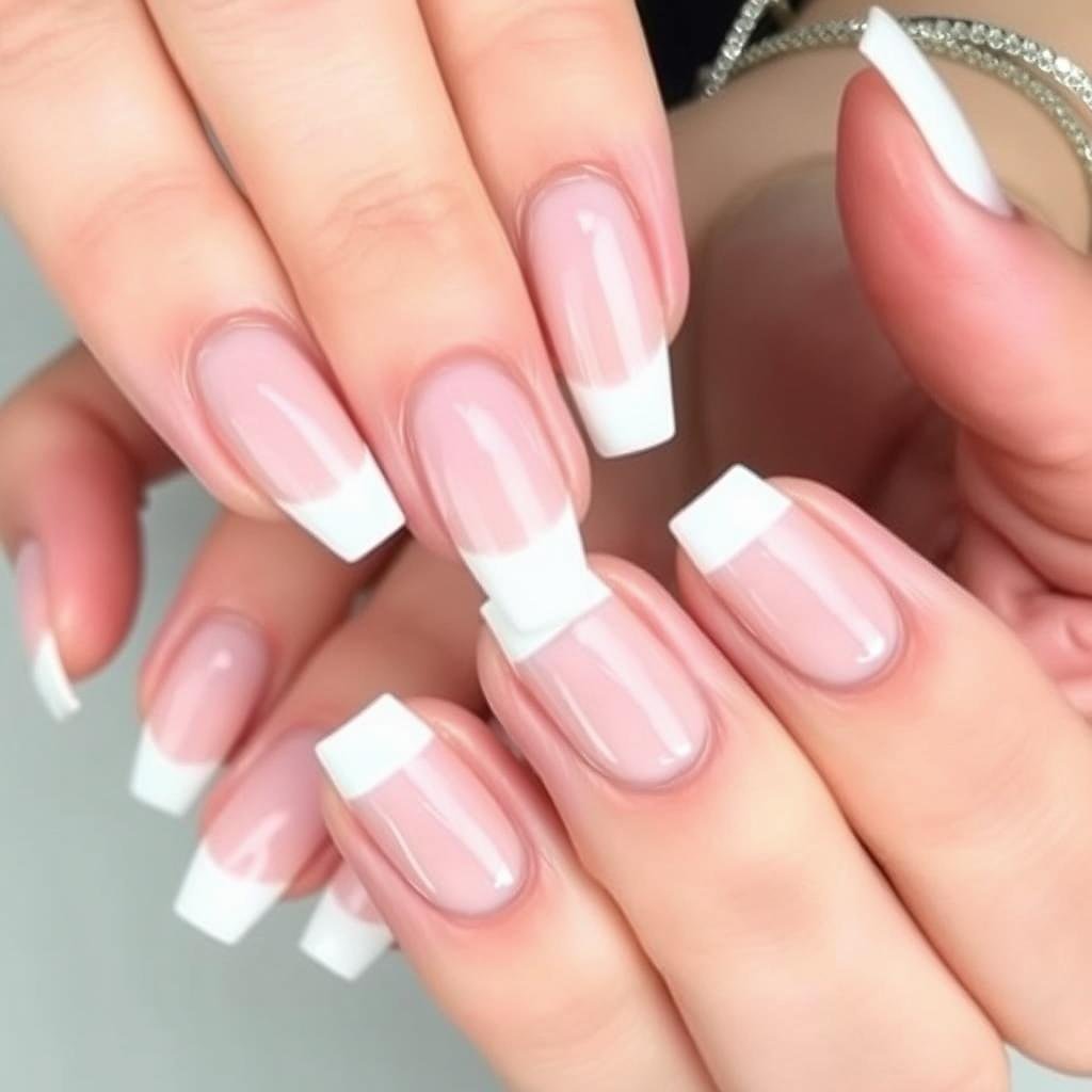 Short French tip acrylic nails with micro thin white tips for minimalist style