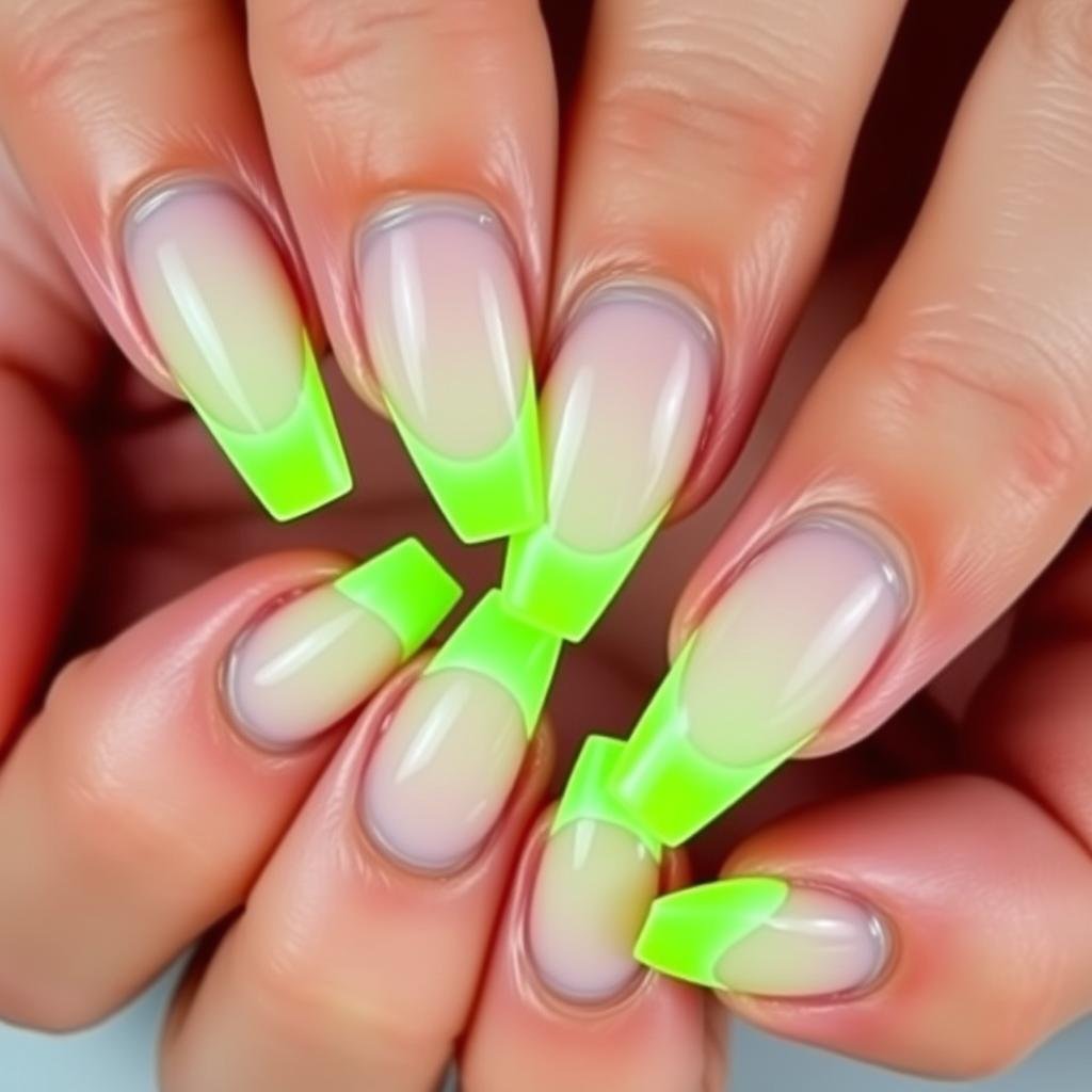 Short French tip acrylic nails with neon green tips for summer style