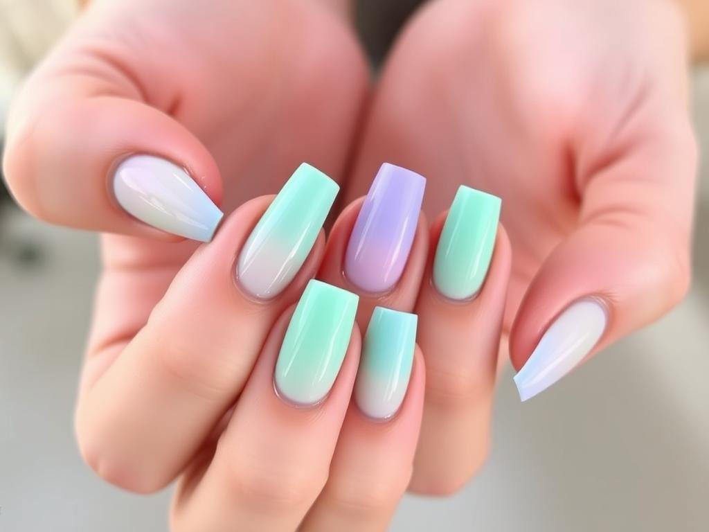 Short French tip acrylic nails with pastel colored tips for spring