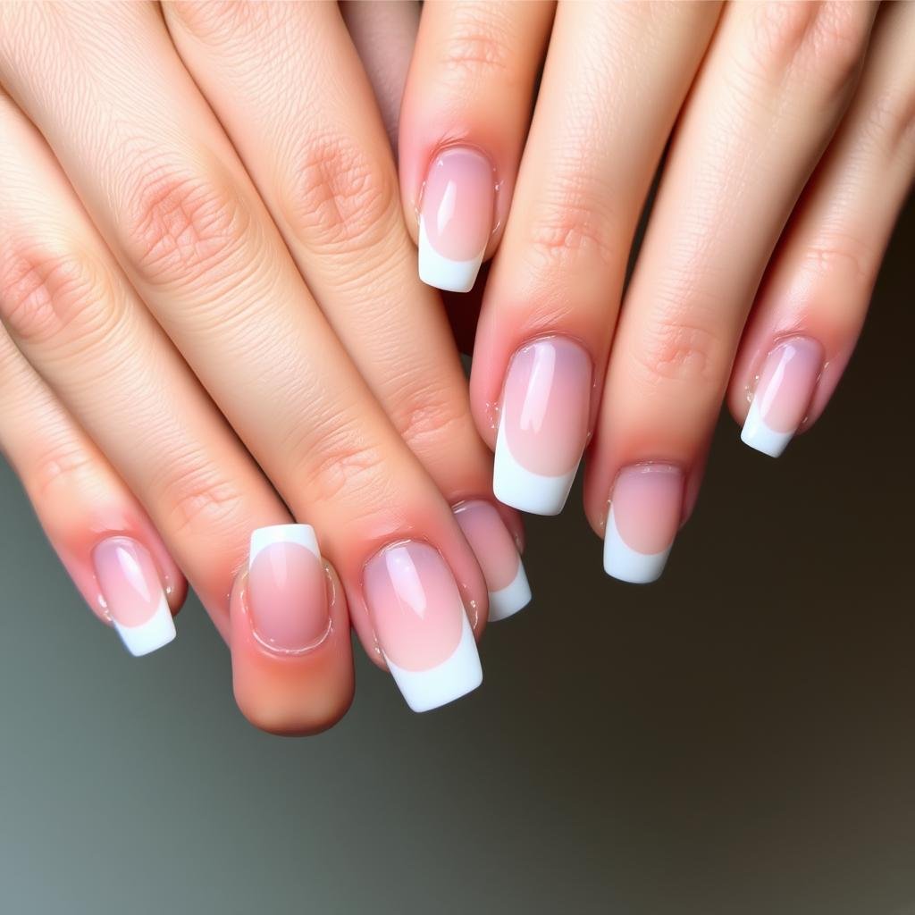Short French tip acrylic nails with rounded shape and delicate white tips