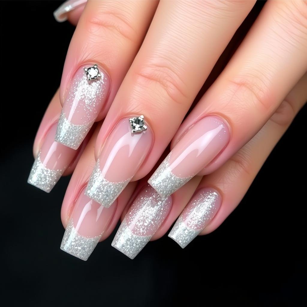 Short French tip acrylic nails with silver glitter tips on nude base