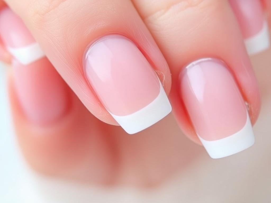 Short acrylic nails with micro French tips showing thin white lines