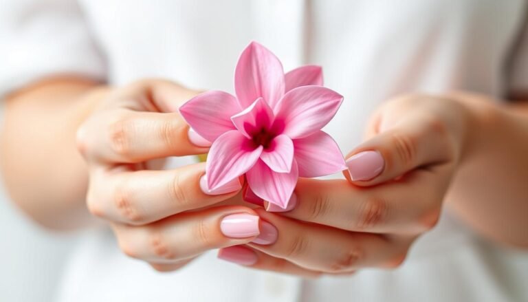 Short french tip acrylic nails pink on a woman's hands holding a pink flower