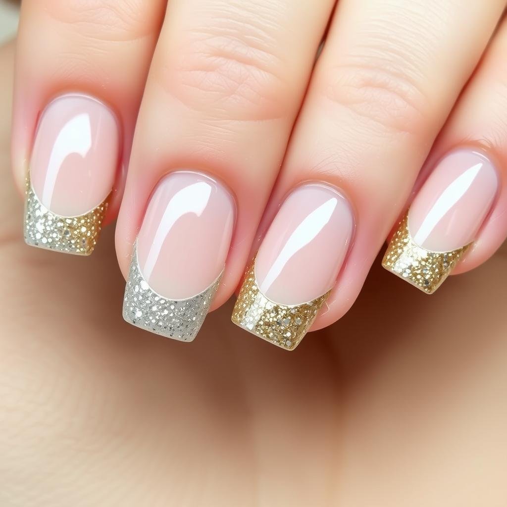 Short french tip acrylic nails with glitter accent tips