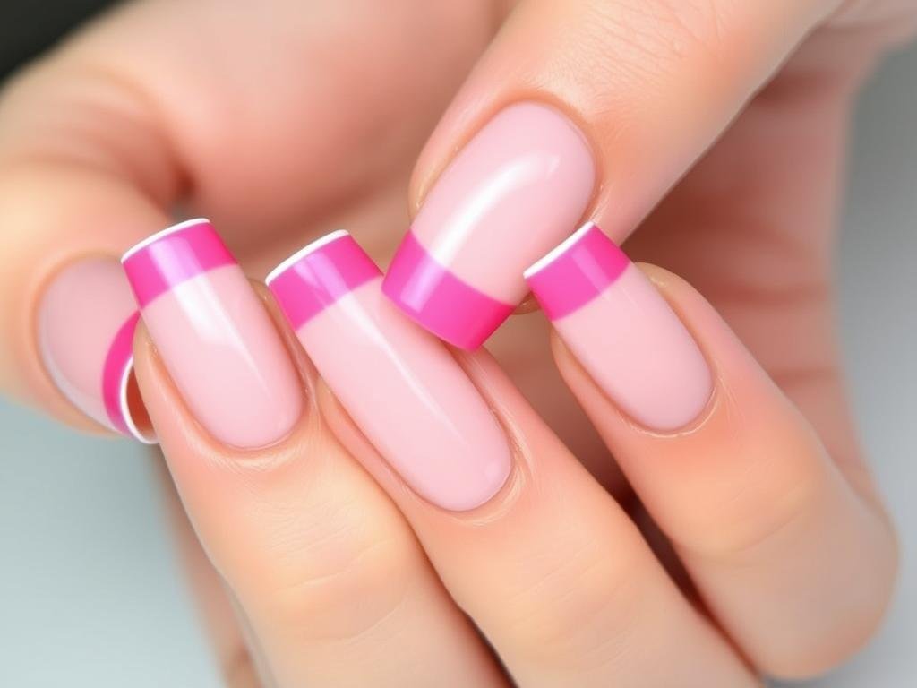 Short french tip acrylic nails with hot pink tips