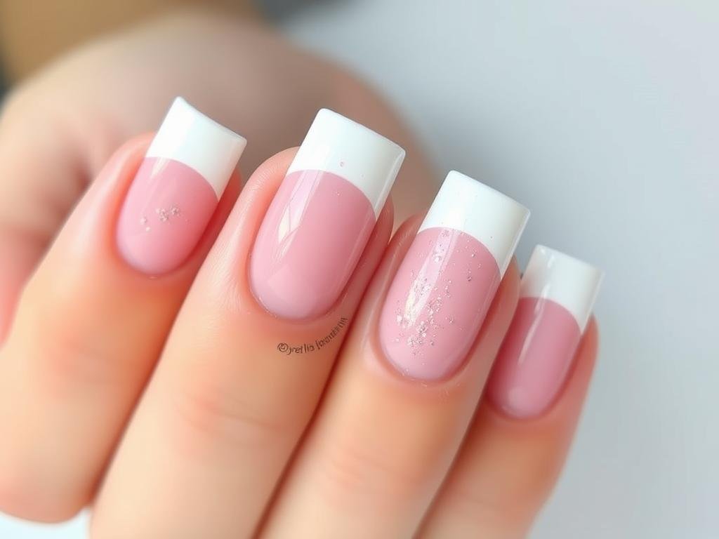 Short french tip acrylic nails with pink glitter