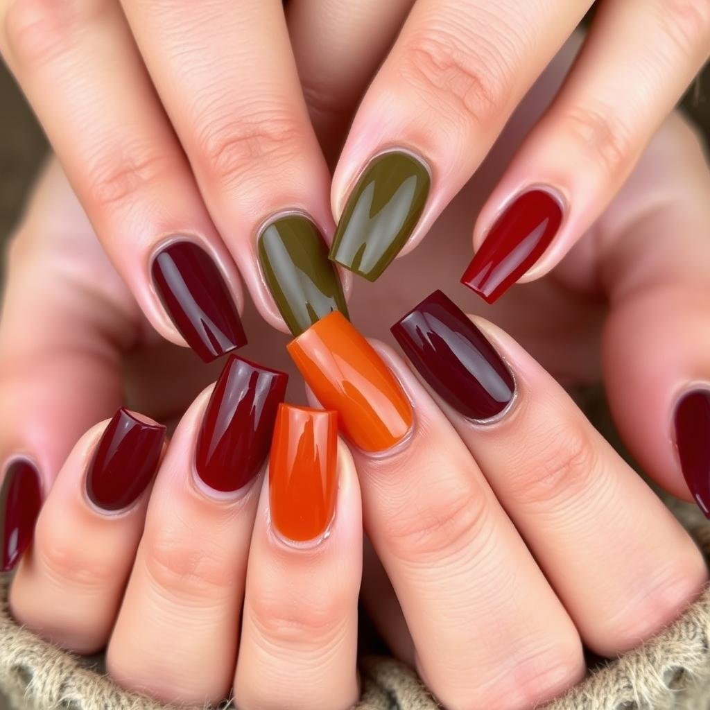 Short square acrylic nails in autumn-inspired colors like burgundy, olive, and burnt orange