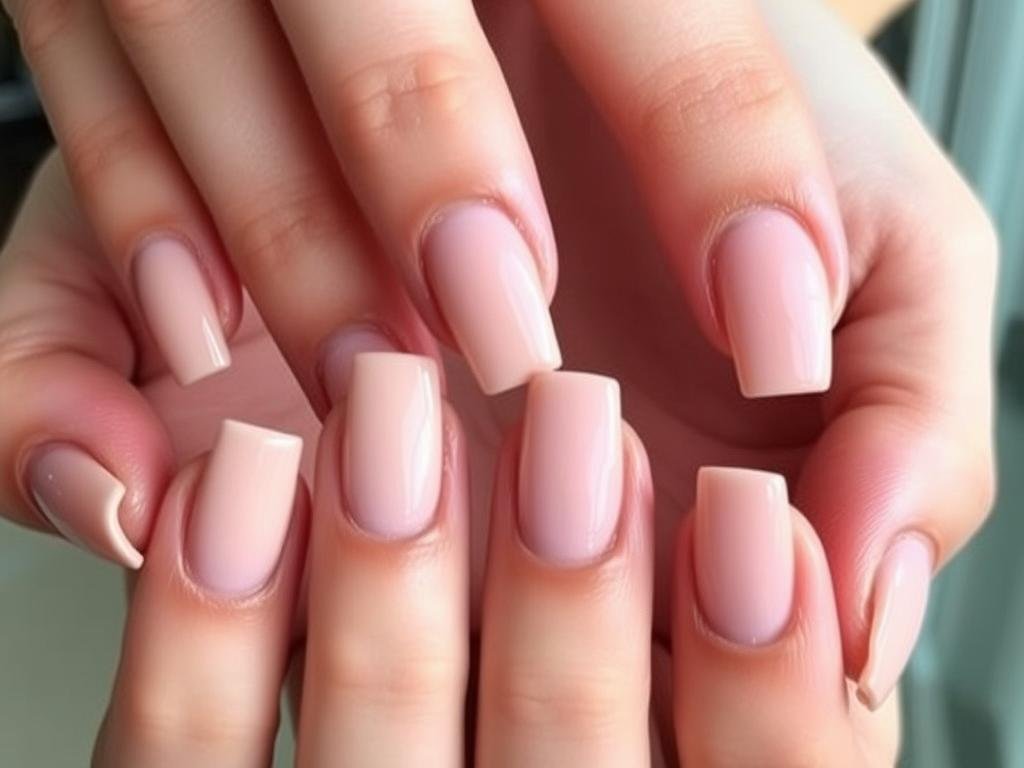 Short square acrylic nails in elegant nude shades