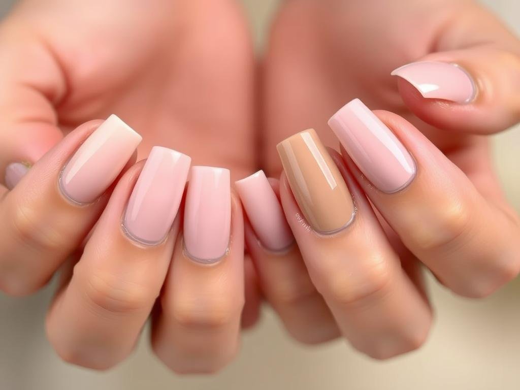 Short square acrylic nails in various elegant nude and neutral shades