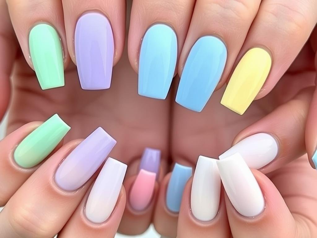 Short square acrylic nails in various pastel colors
