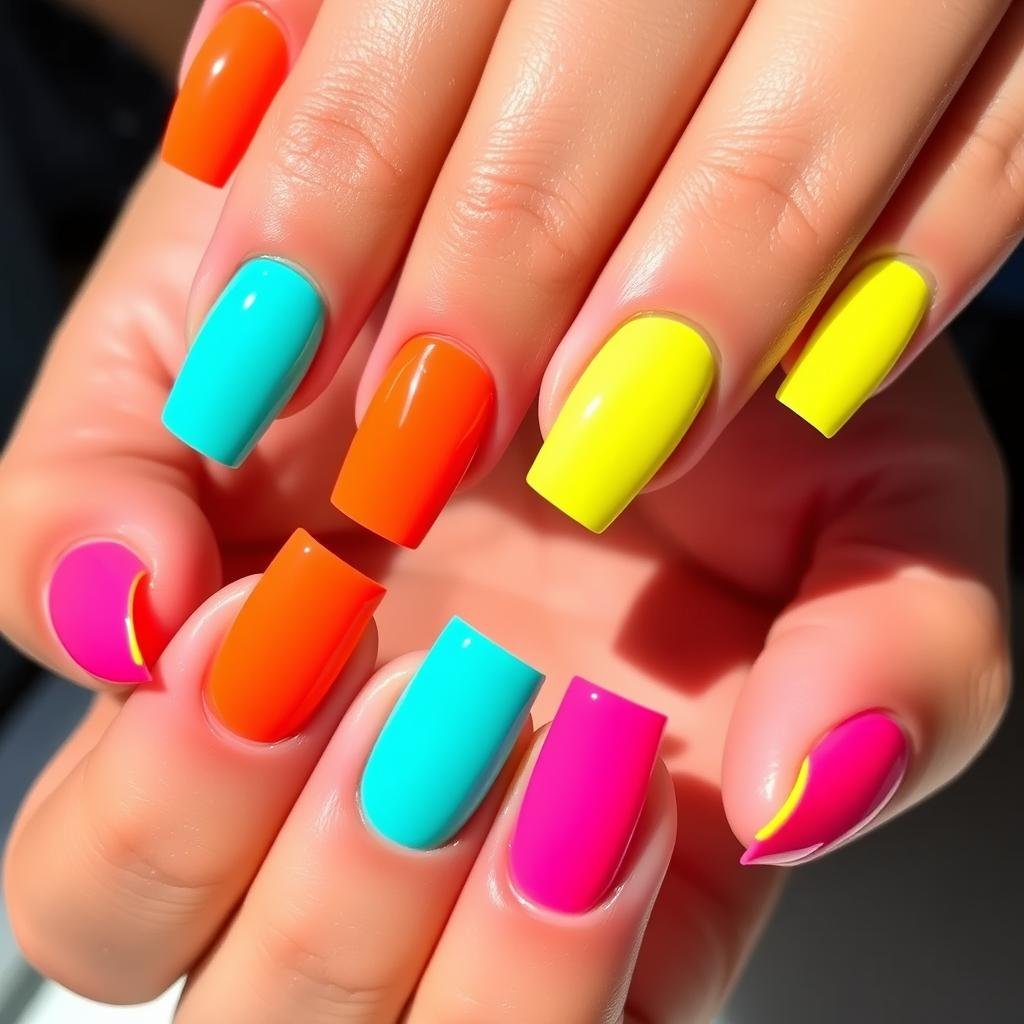 Short square acrylic nails in vibrant summer colors like coral, turquoise, and yellow