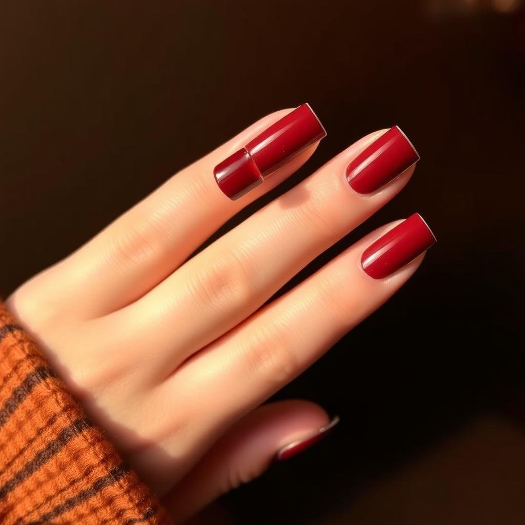 Short square acrylic nails with burgundy French tips for fall
