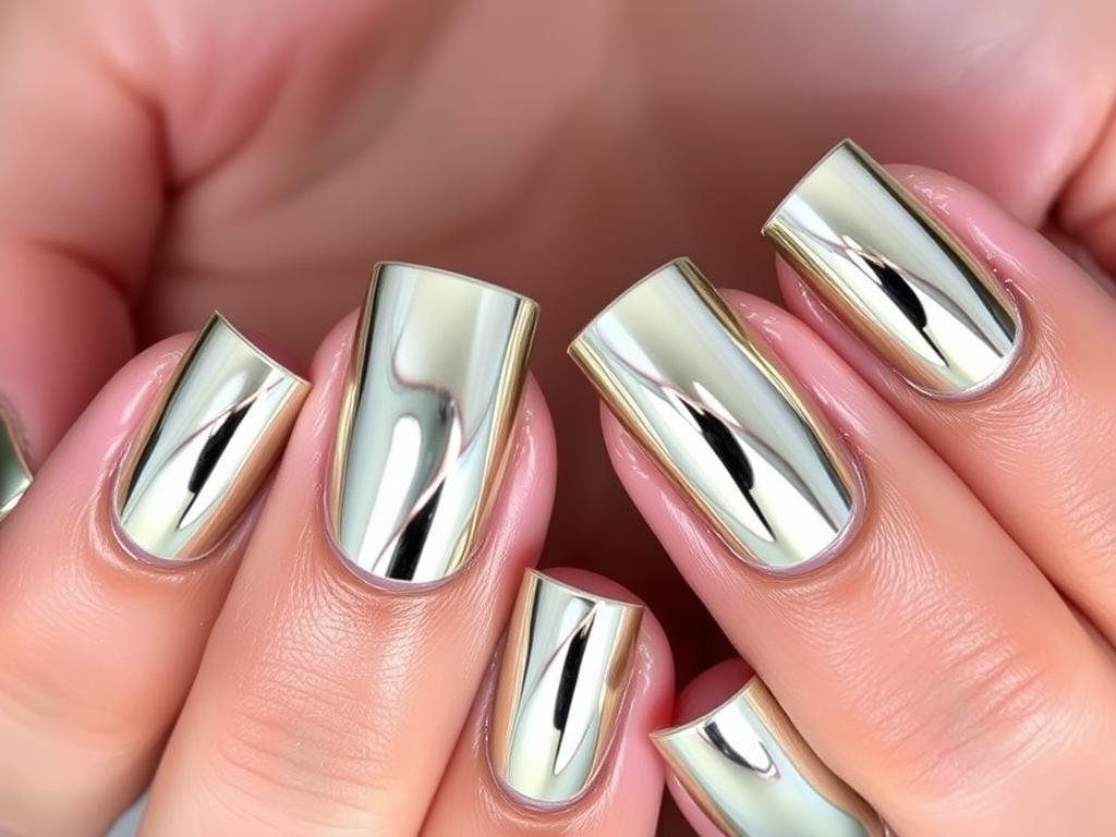 Short square acrylic nails with chrome mirror finish