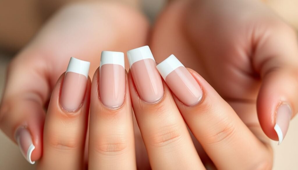 Short square acrylic nails with classic French tips featuring thin white lines on a nude base