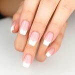 Short square acrylic nails with classic white French tips on a neutral background