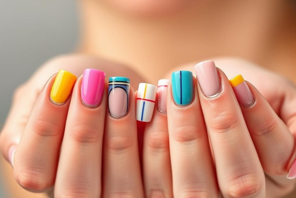 Short square acrylic nails with colorful minimalist designs including geometric patterns and abstract lines