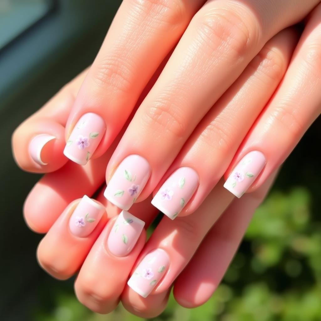 Short square acrylic nails with delicate floral designs in pastel colors perfect for spring