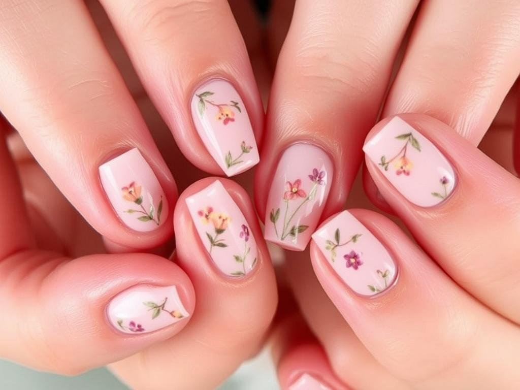 Short square acrylic nails with delicate floral designs