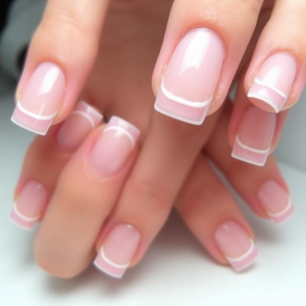 Short square acrylic nails with double-lined French tips