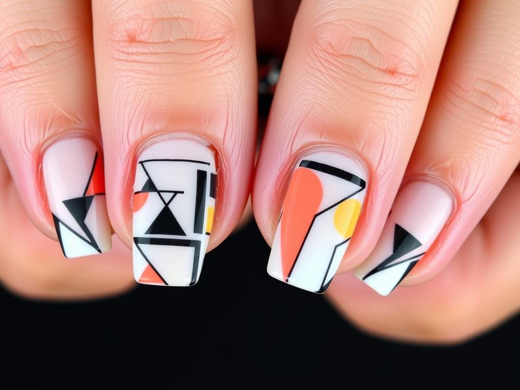 Short square acrylic nails with geometric pattern designs