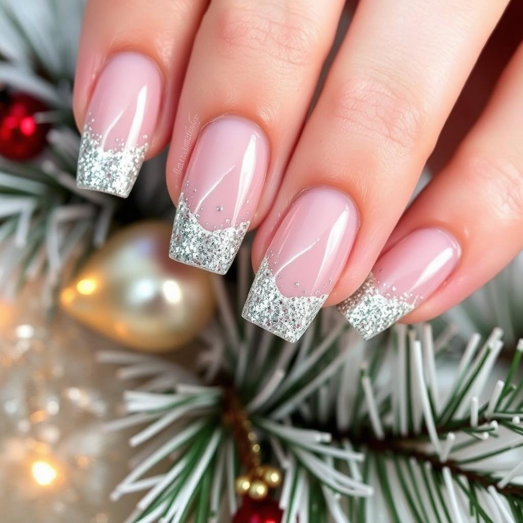 Short square acrylic nails with glitter French tips for winter holidays