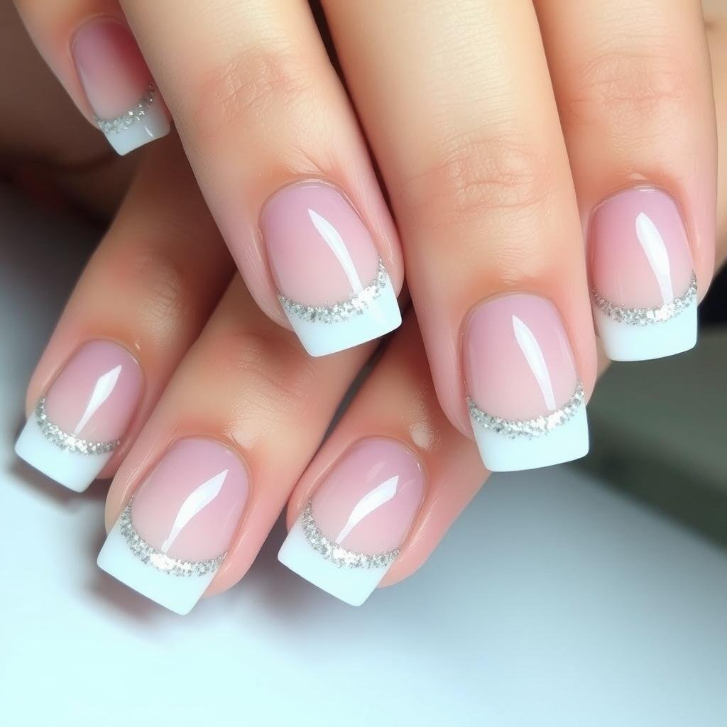 Short square acrylic nails with glitter-accented French tips