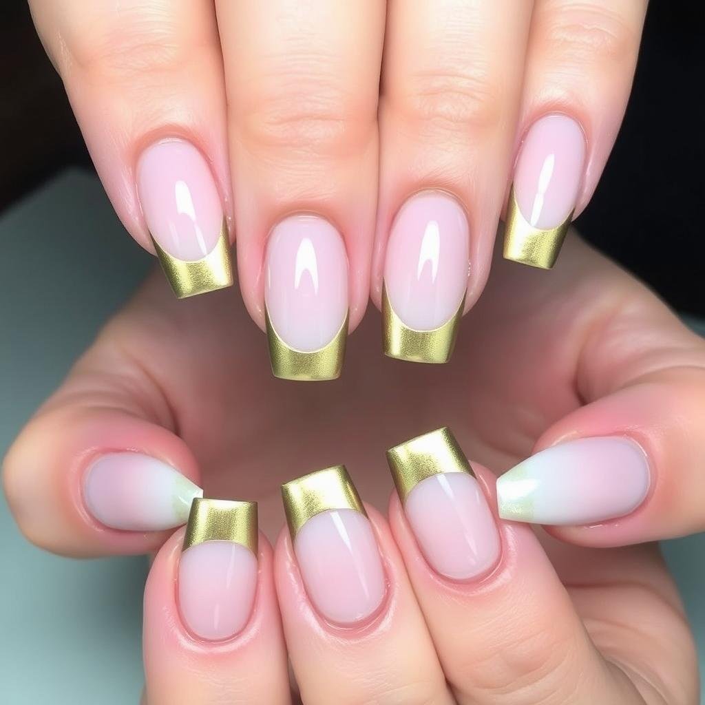 Short square acrylic nails with gold metallic French tips