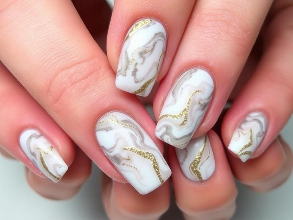 Short square acrylic nails with marble effect design