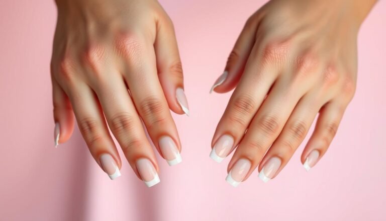Short square acrylic nails with minimalist designs and French tips