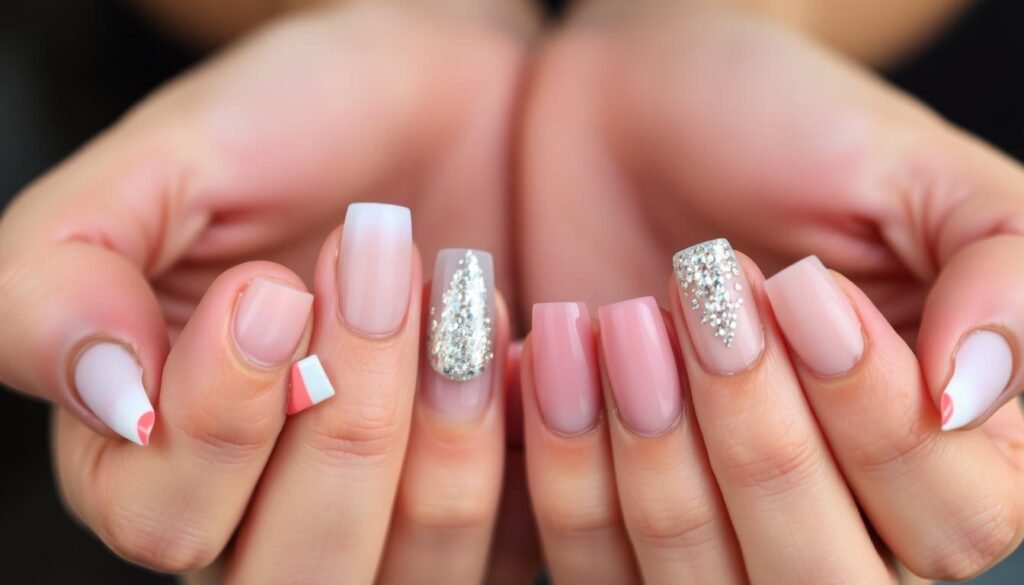 Short square acrylic nails with mix and match designs combining various elements from different styles