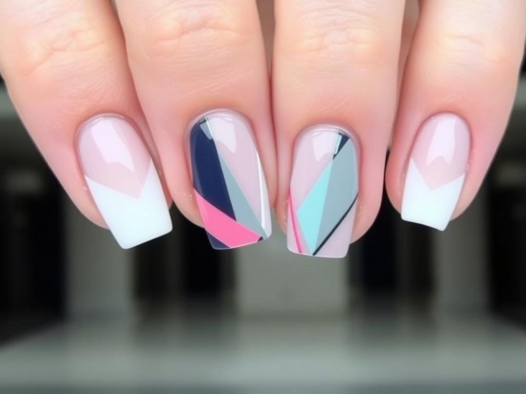 Short square acrylic nails with modern geometric patterns and designs