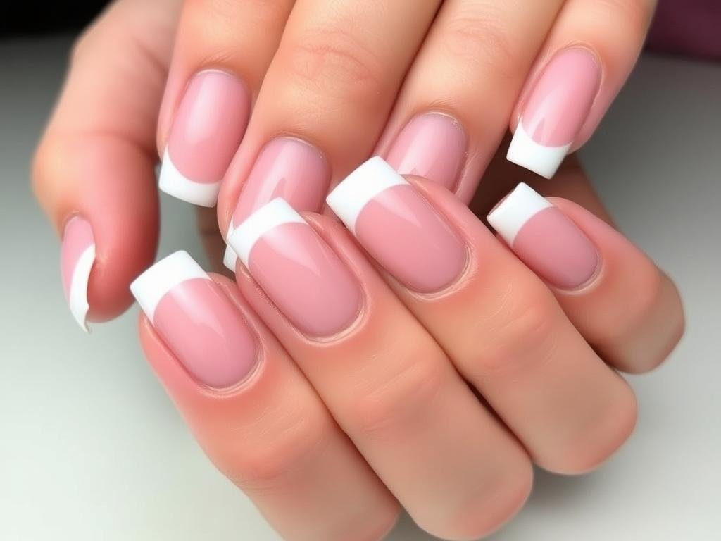 Short square acrylic nails with reverse French manicure design