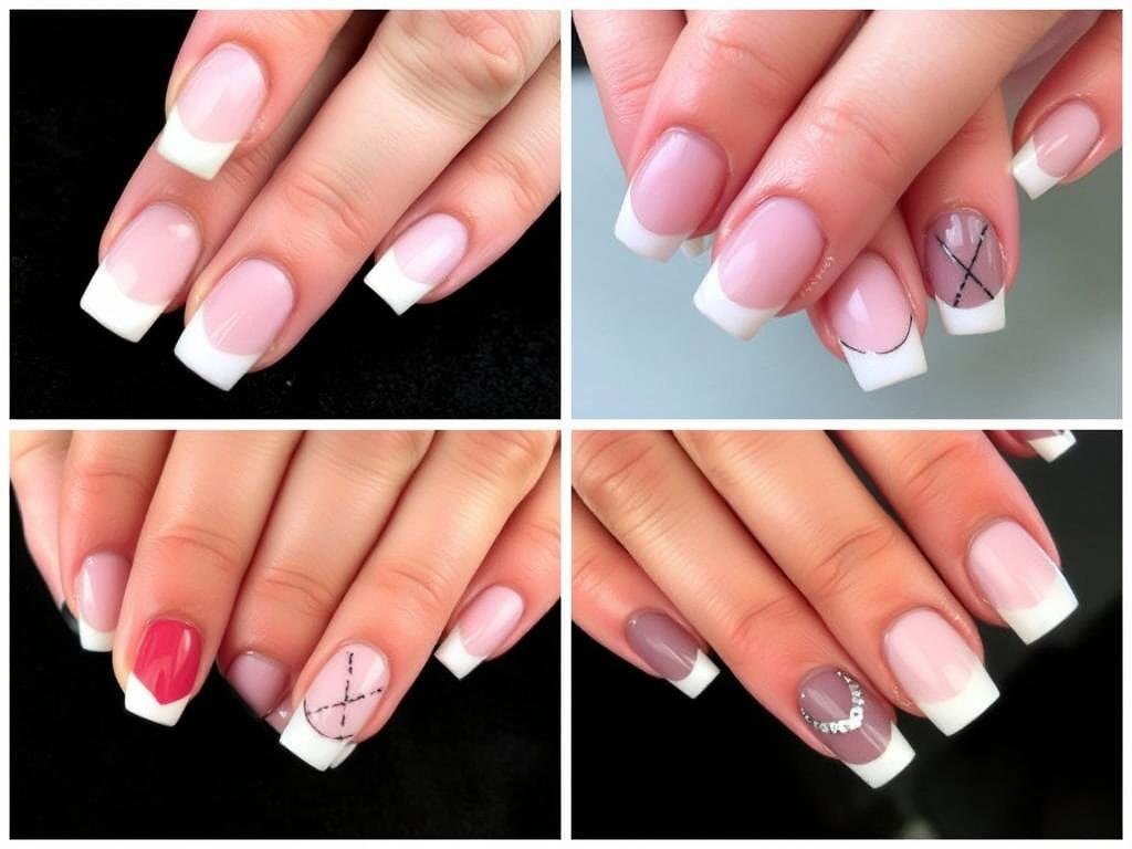 Short square acrylic nails with various designs including French tips and minimal art