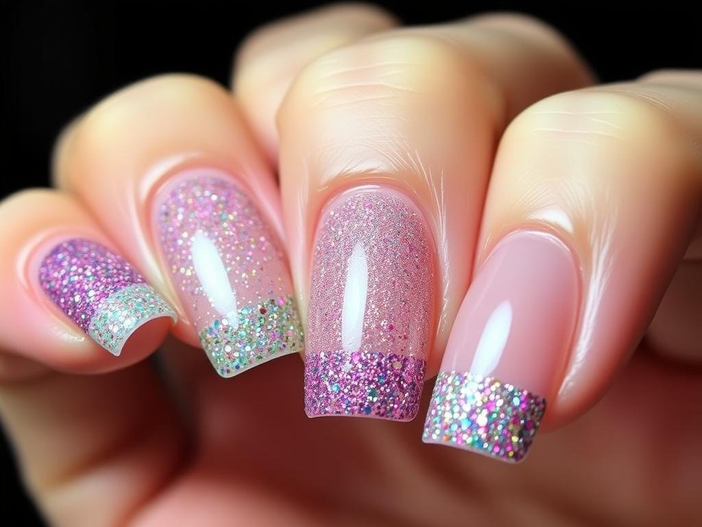 Short square acrylic nails with various glitter accent designs and placements