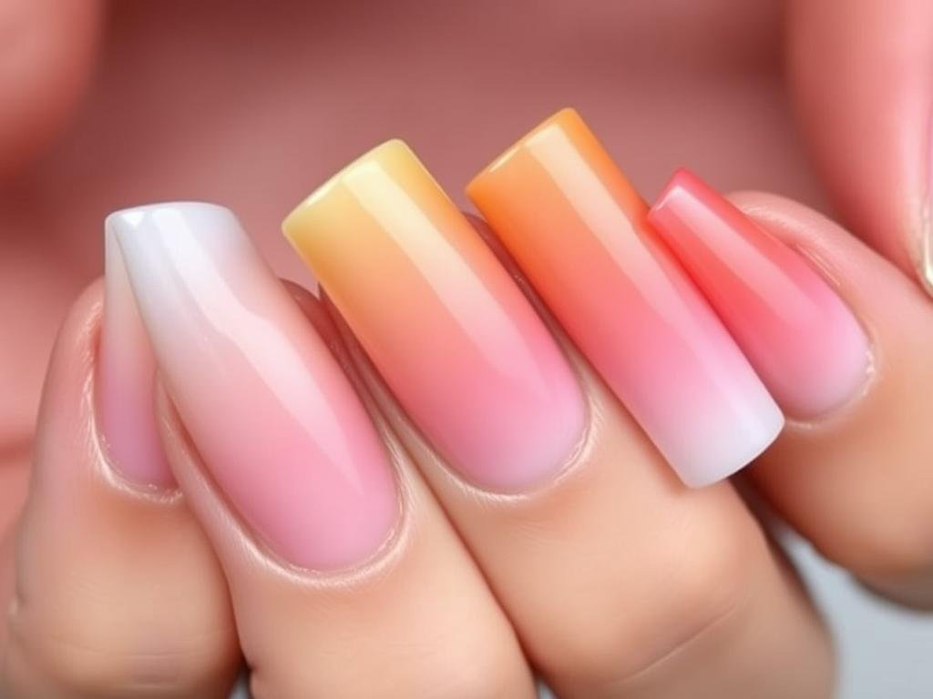 Short square acrylic nails with various ombré and gradient color effects