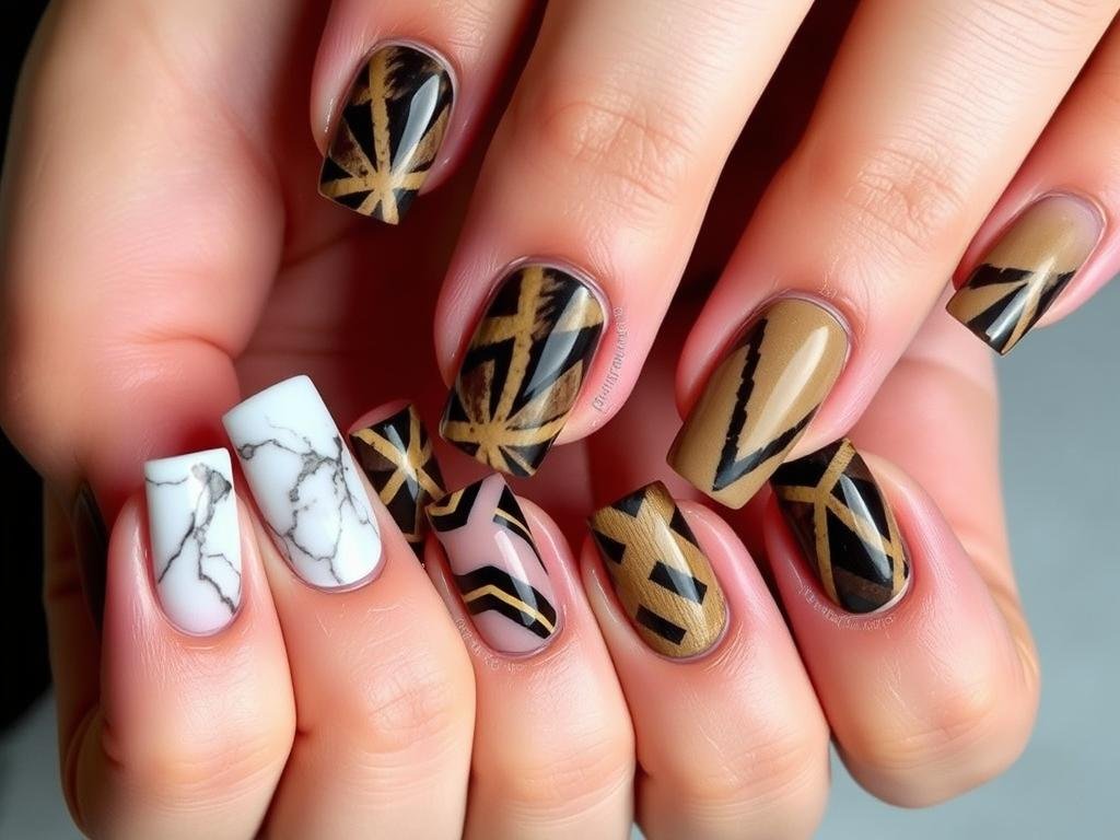 Short square acrylic nails with various patterns including marble, tortoiseshell, and geometric designs