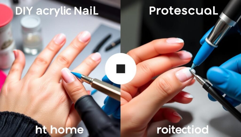 Side-by-side comparison of DIY and salon cute square acrylic nails application process