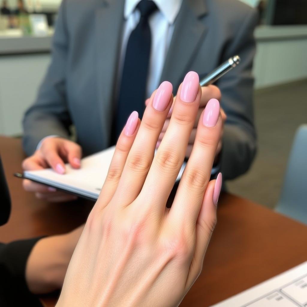 Soft pink solid color acrylic nails in a professional setting