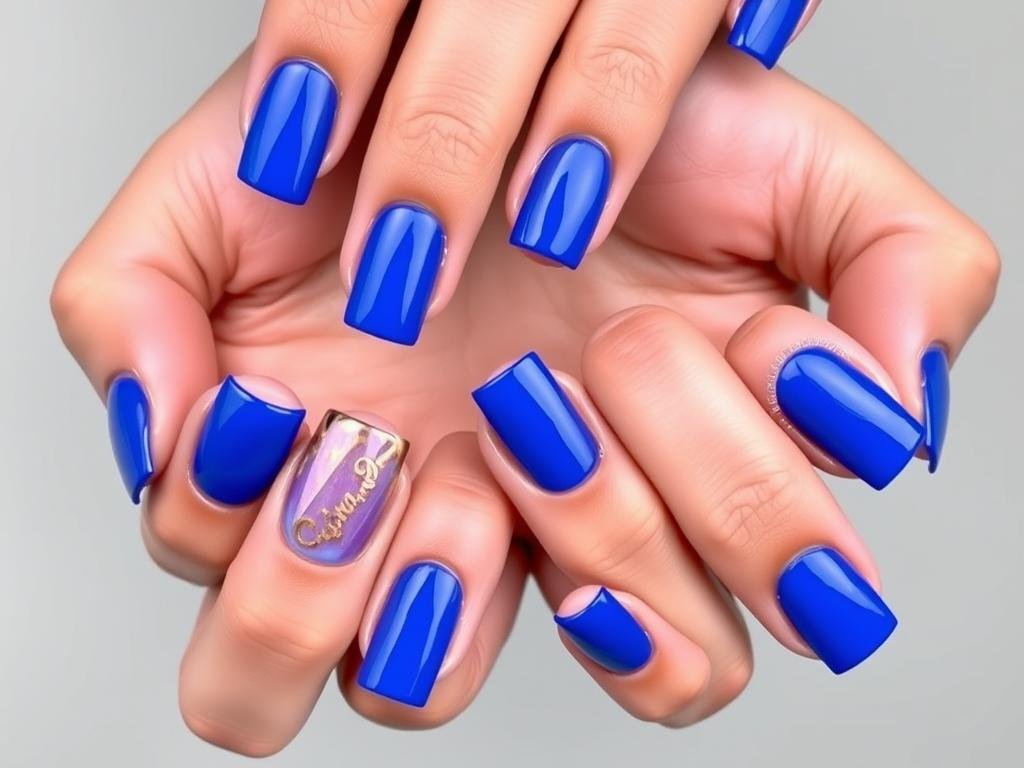 Solid blue square acrylic nails with glossy finish