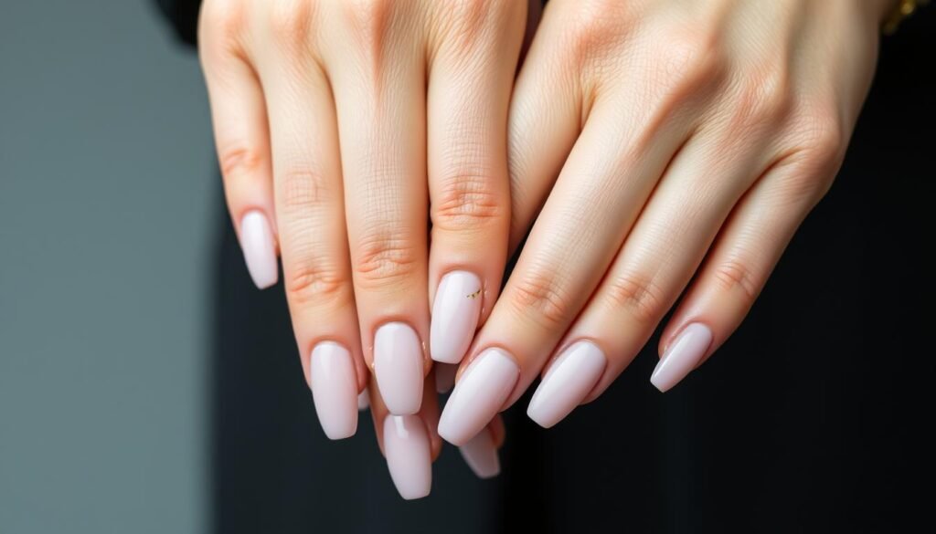 Solid color acrylic nails with minimal gold accent line