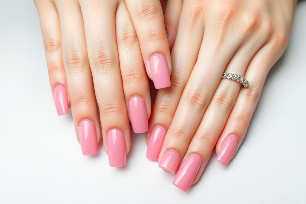 Solid pink square acrylic nails in a medium length