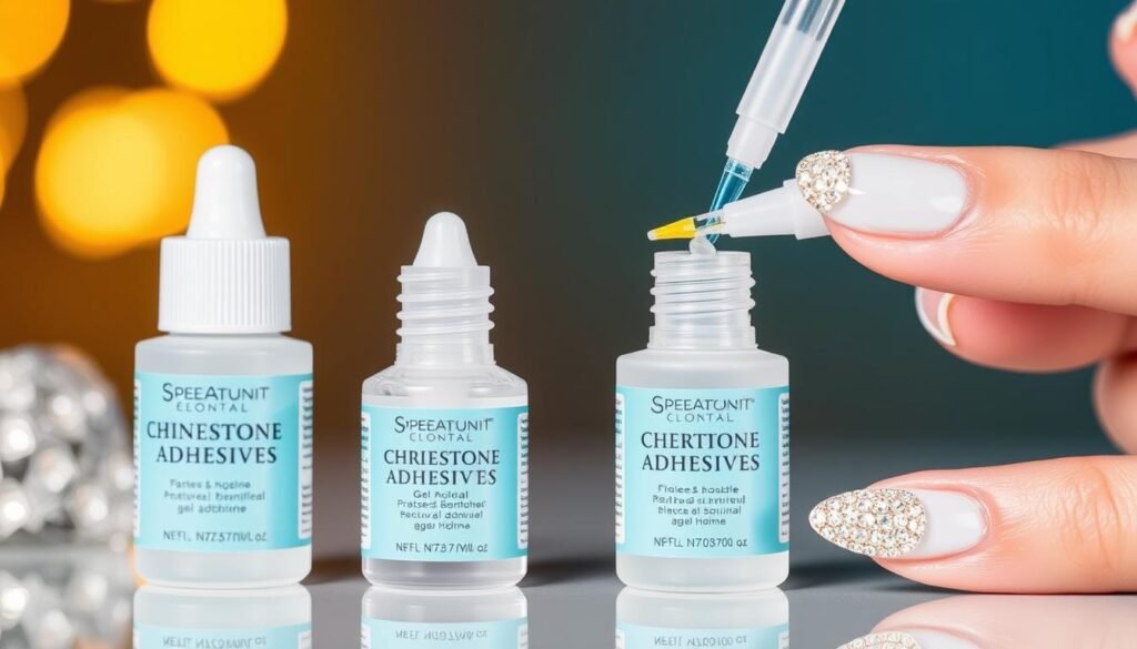 Specialized nail adhesives for securing rhinestones and crystals